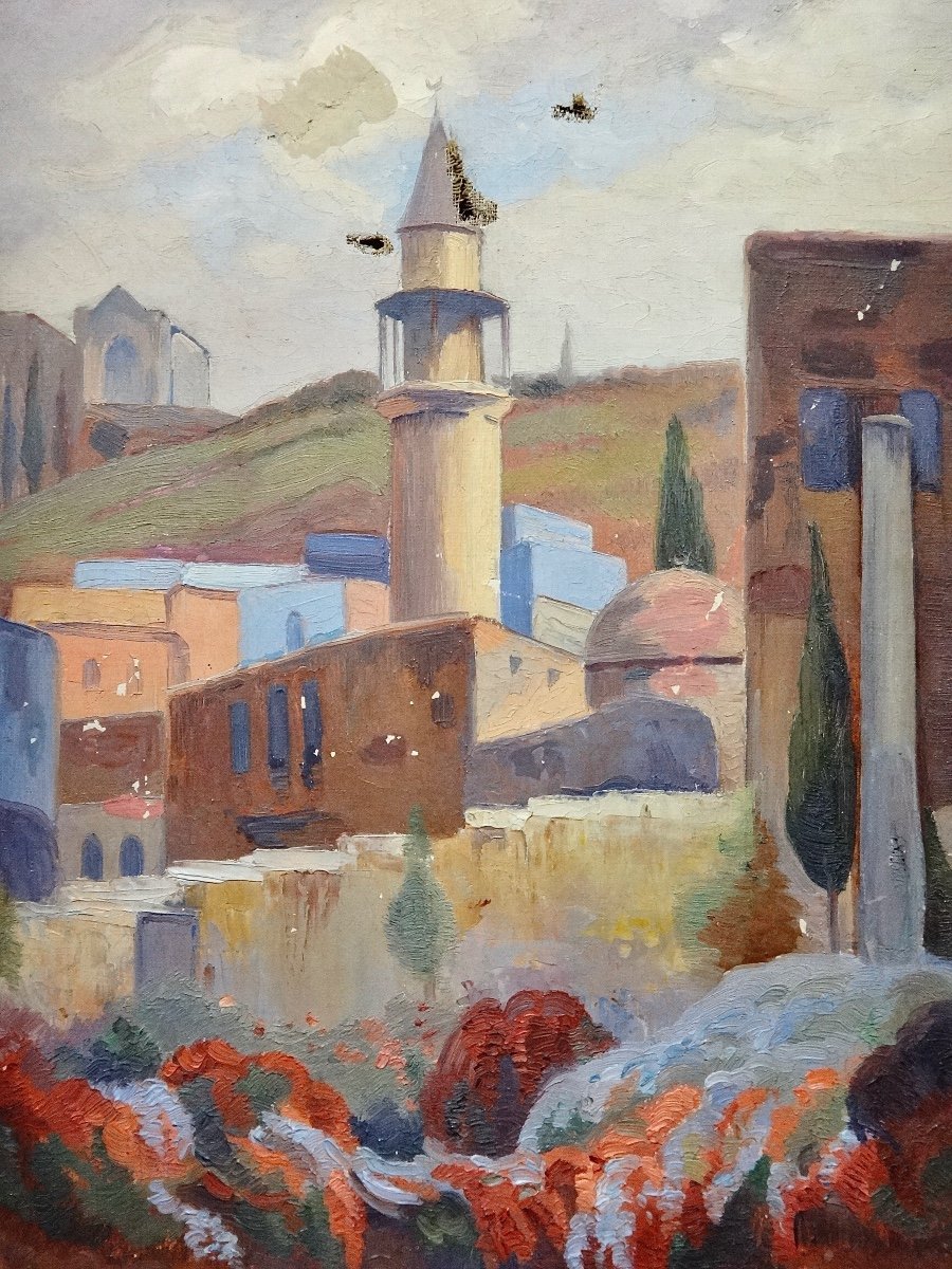 Philippe Long ( 1872-1957 ) Huile Sur Toile Orientaliste Jerusalem " Le Mont Des Oliviers "-photo-5