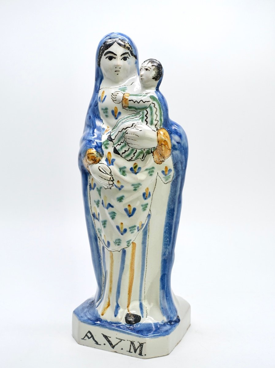 Fa&iuml;ence de Rennes vierge &agrave; l&#039;enfant &eacute;poque XIXe