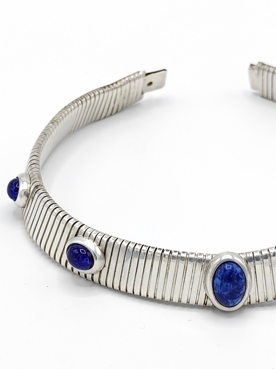 Collier Tubogas en Argent massif maille en Spirotube à décor de cabochons époque XXe vers 1950-photo-3