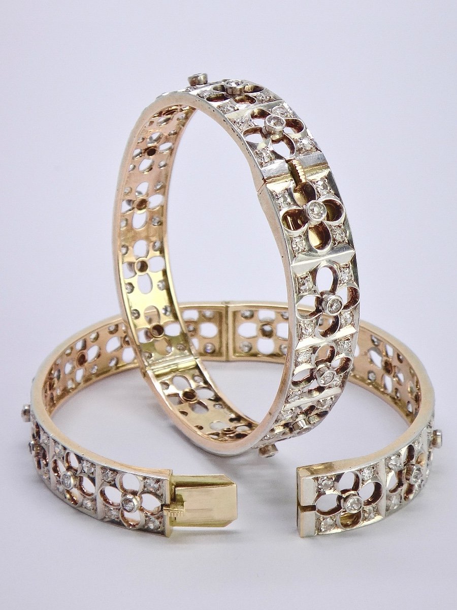 Pair Of 14k Gold Platinum And Diamond Art Deco Bracelets Circa 1930