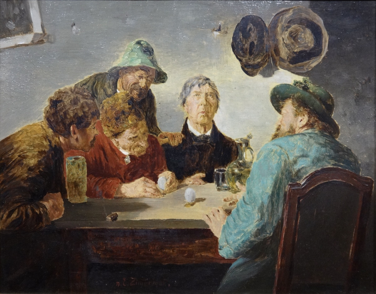 Ernst Karl Georg Zimmermann (1852-1901)  Huile sur Toile "Das Ei des Kolumbus" époque XIXe-photo-3