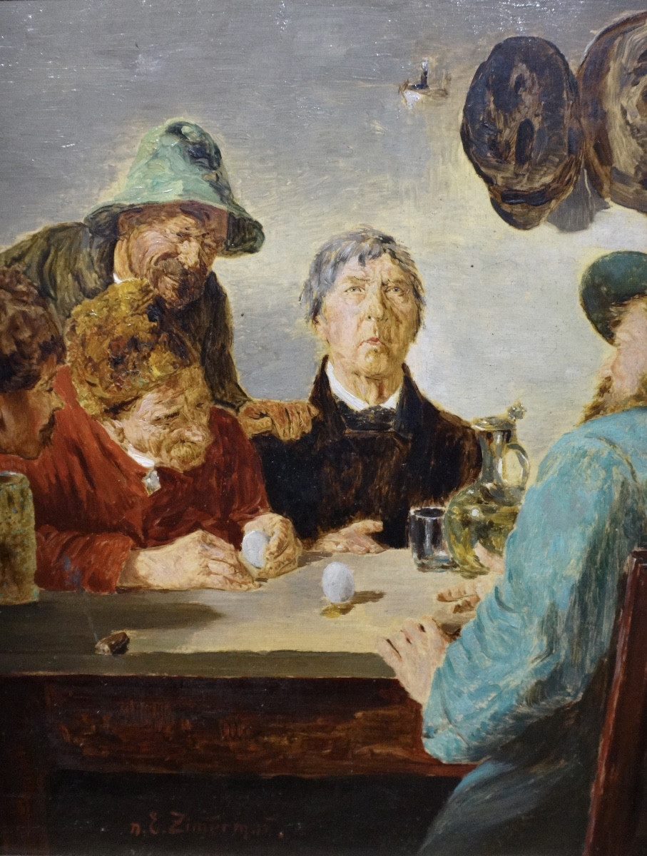 Ernst Karl Georg Zimmermann (1852-1901)  Huile sur Toile "Das Ei des Kolumbus" époque XIXe-photo-4