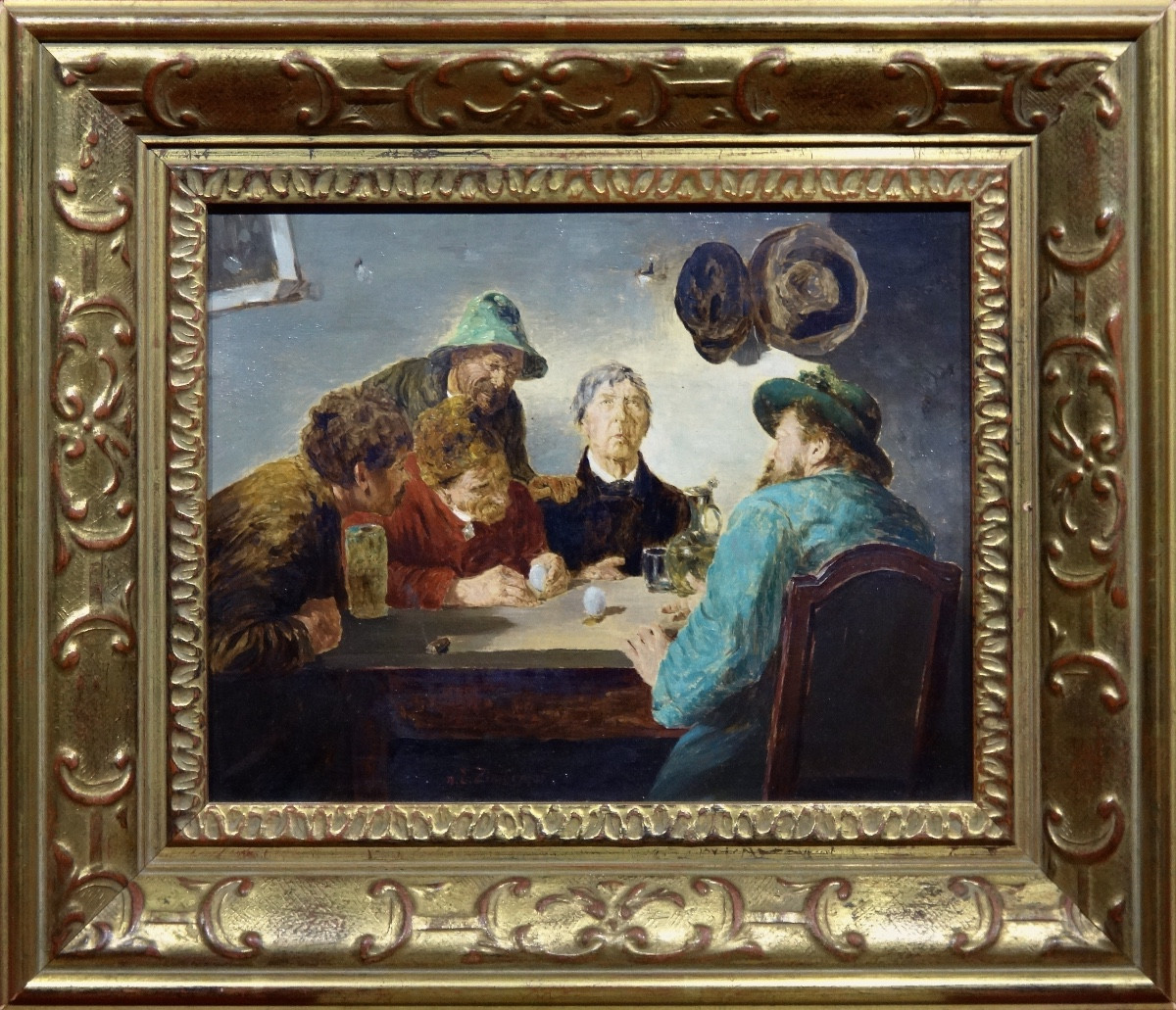 Ernst Karl Georg Zimmermann (1852-1901)  Huile sur Toile "Das Ei des Kolumbus" époque XIXe