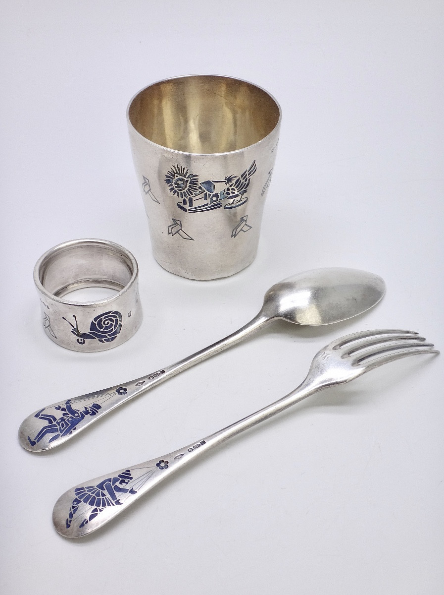 Frédéric Boucheron (1830-1902) ensemble de Baptême couverts d'enfant en Argent Massif 