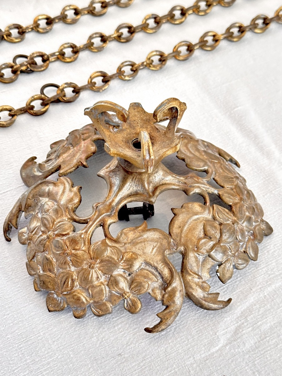 Emile Gallé (1846-1904) à Nancy lustre ou plafonnier à vasque époque Art Nouveau 1900-photo-3