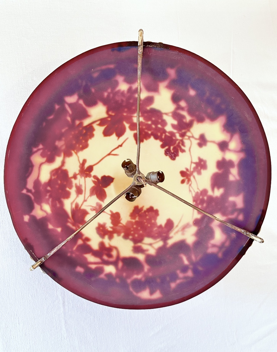 Emile Gallé (1846-1904) à Nancy lustre ou plafonnier à vasque époque Art Nouveau 1900-photo-8