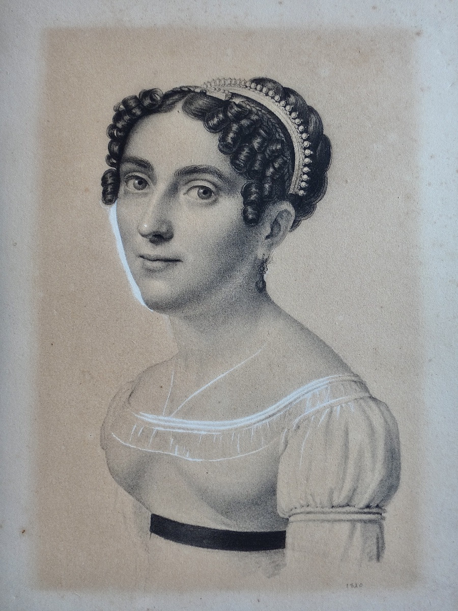 Dessin portrait de Femme au crayon daté 1820 dans le goût de Boilly époque Restauration XIXe -photo-2