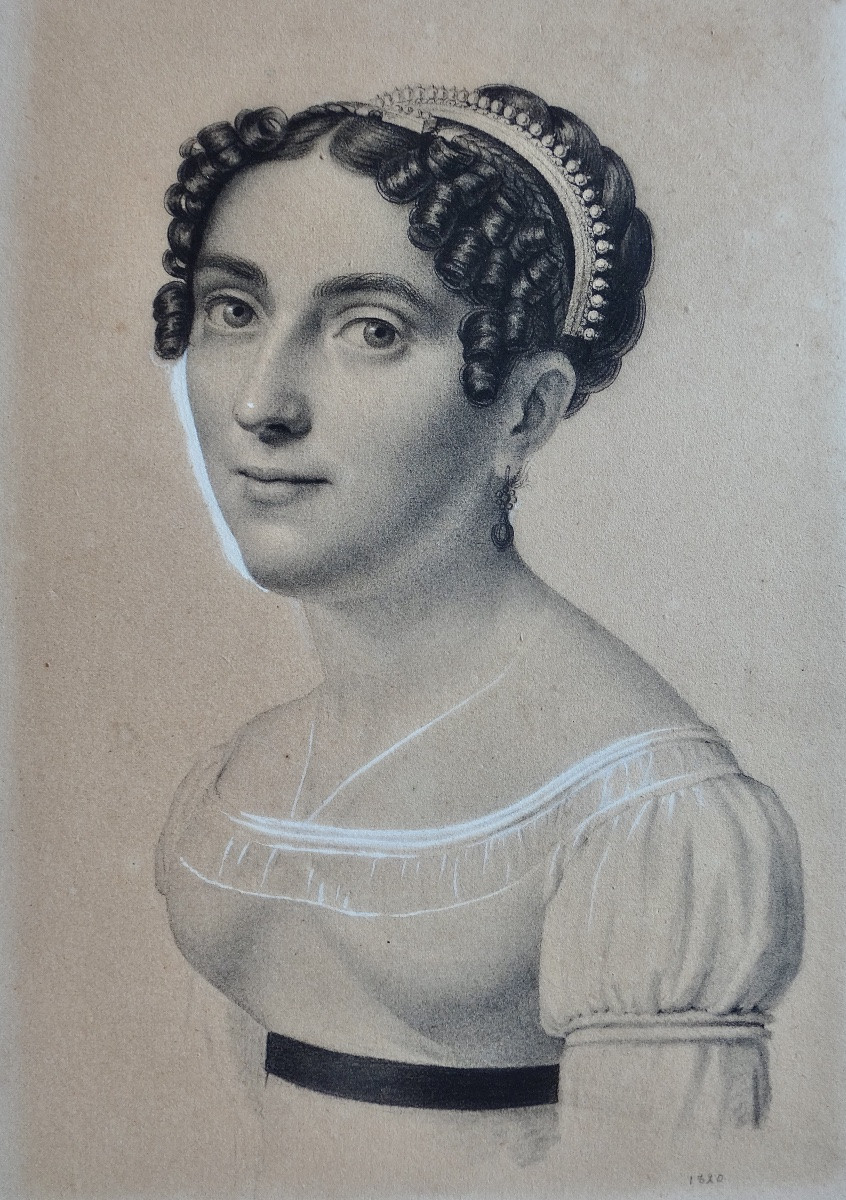 Dessin portrait de Femme au crayon daté 1820 dans le goût de Boilly époque Restauration XIXe -photo-3