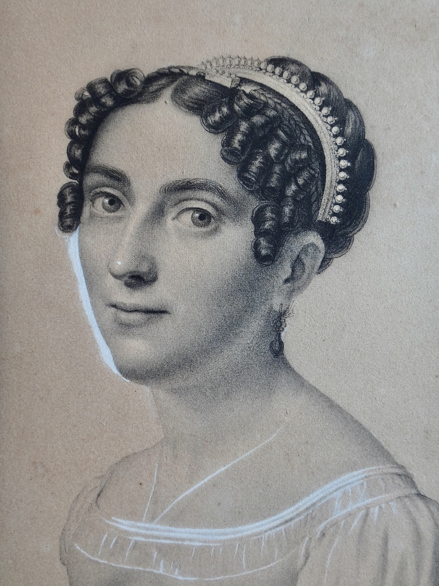 Dessin portrait de Femme au crayon daté 1820 dans le goût de Boilly époque Restauration XIXe -photo-4