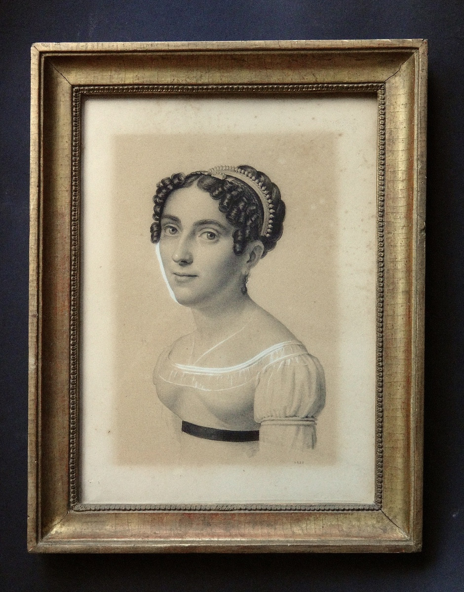 Dessin portrait de Femme au crayon daté 1820 dans le goût de Boilly époque Restauration XIXe 