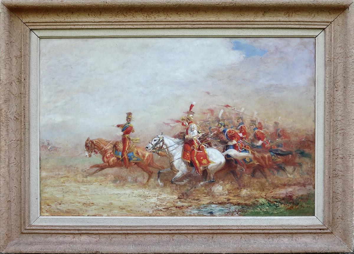 Eugène Péchaubès (1890-1967) Large-format Oil On Panel “cavalry Charge”-photo-2