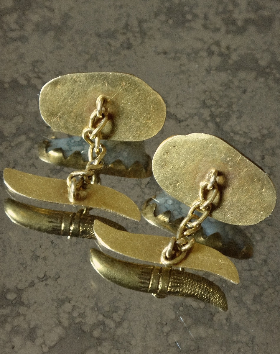 18k Gold Marine Talisman Machete Buttons And Otoliths Mounted As Amulets, 19th Century-photo-5