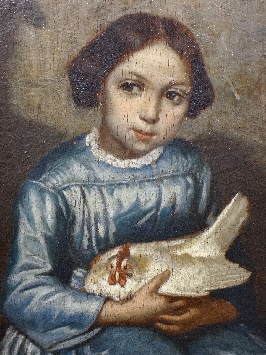 Jean Marie Melchior Doze (1827–1913) Oil On Wood Portrait Of A Girl With A Hen, 1853-photo-3