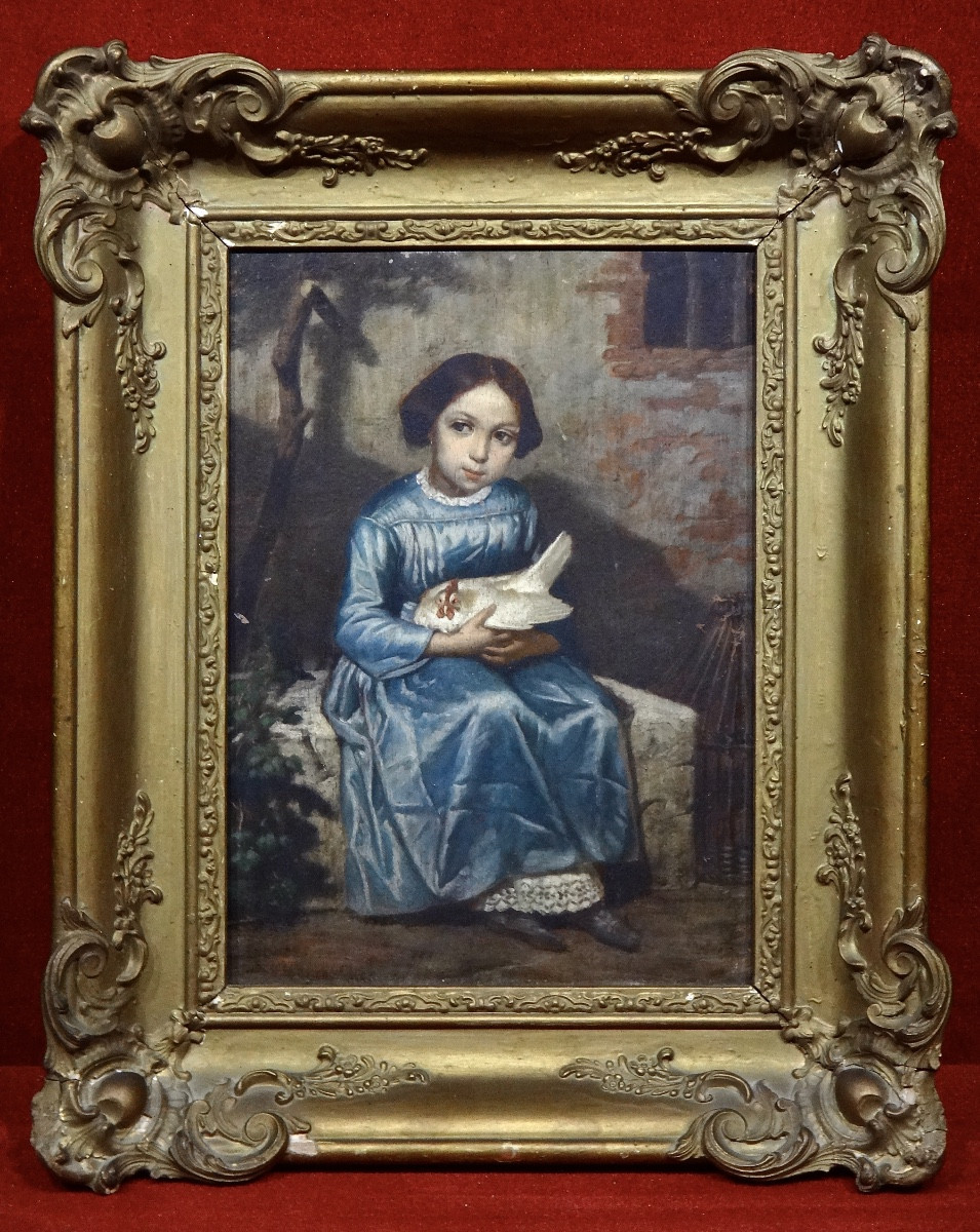 Jean Marie Melchior Doze (1827–1913) Oil On Wood Portrait Of A Girl With A Hen, 1853
