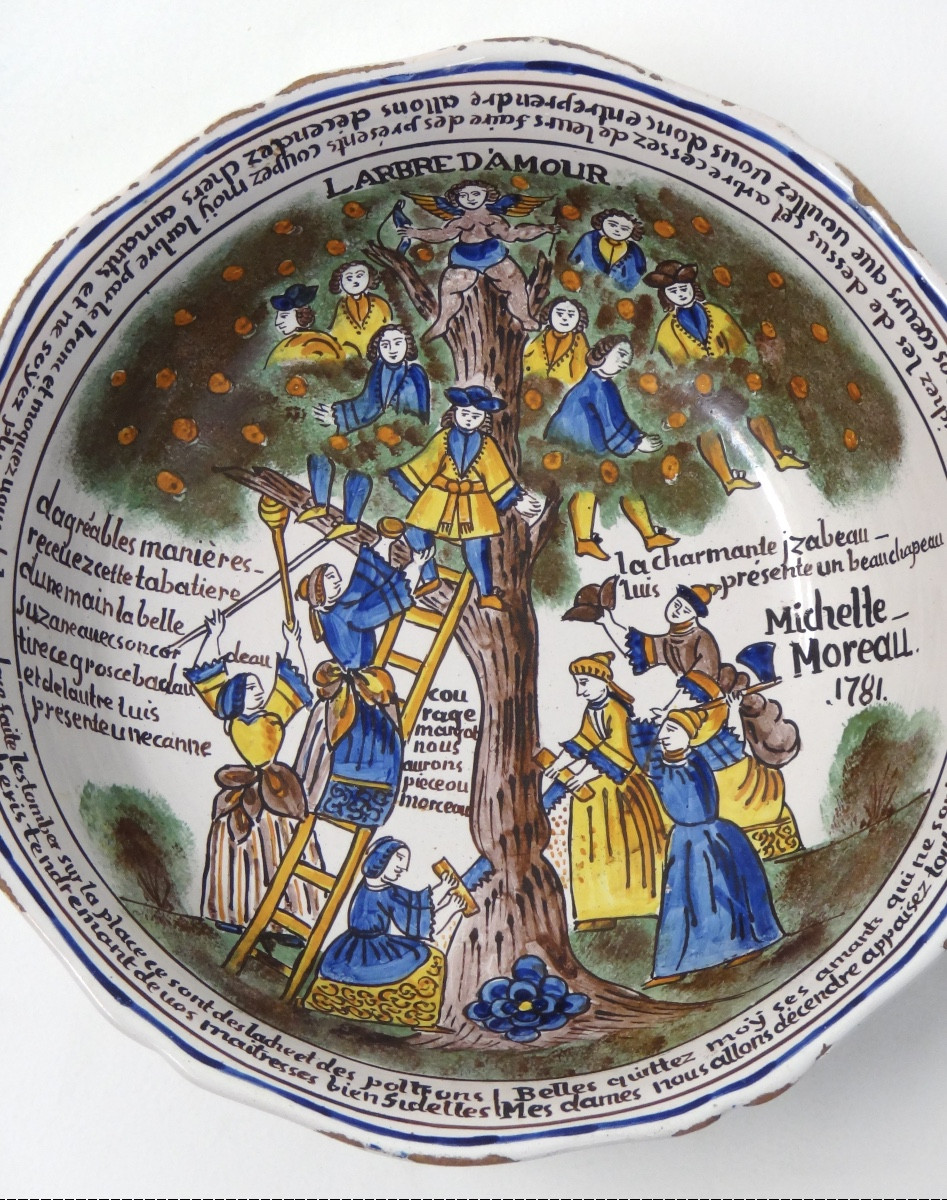  Faïence de Nevers saladier Patronymique à l'arbre d'Amour époque XVIIIe 1781