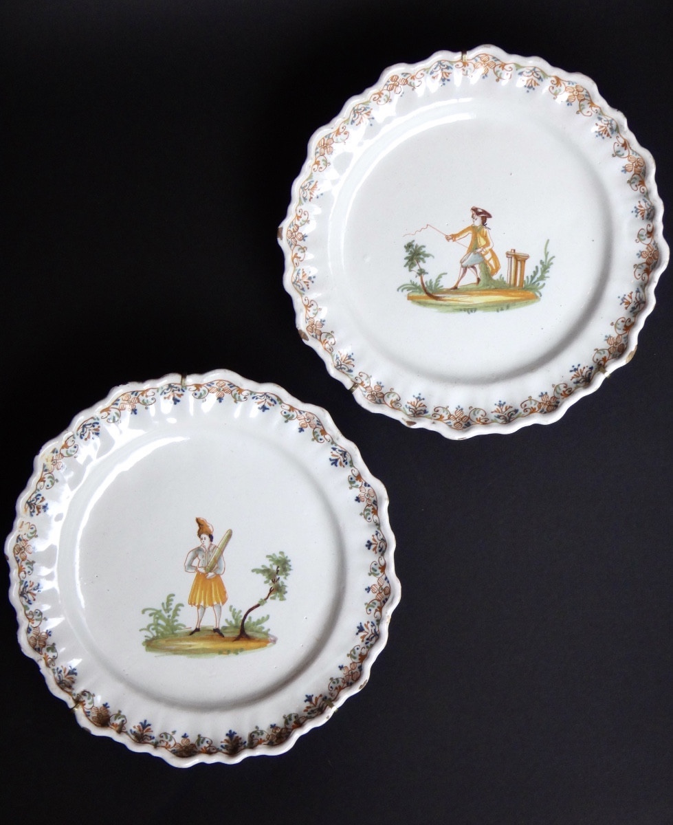 Manufacture De Lyon Pair Of Plates In 18th Century Polychrome Earthenware