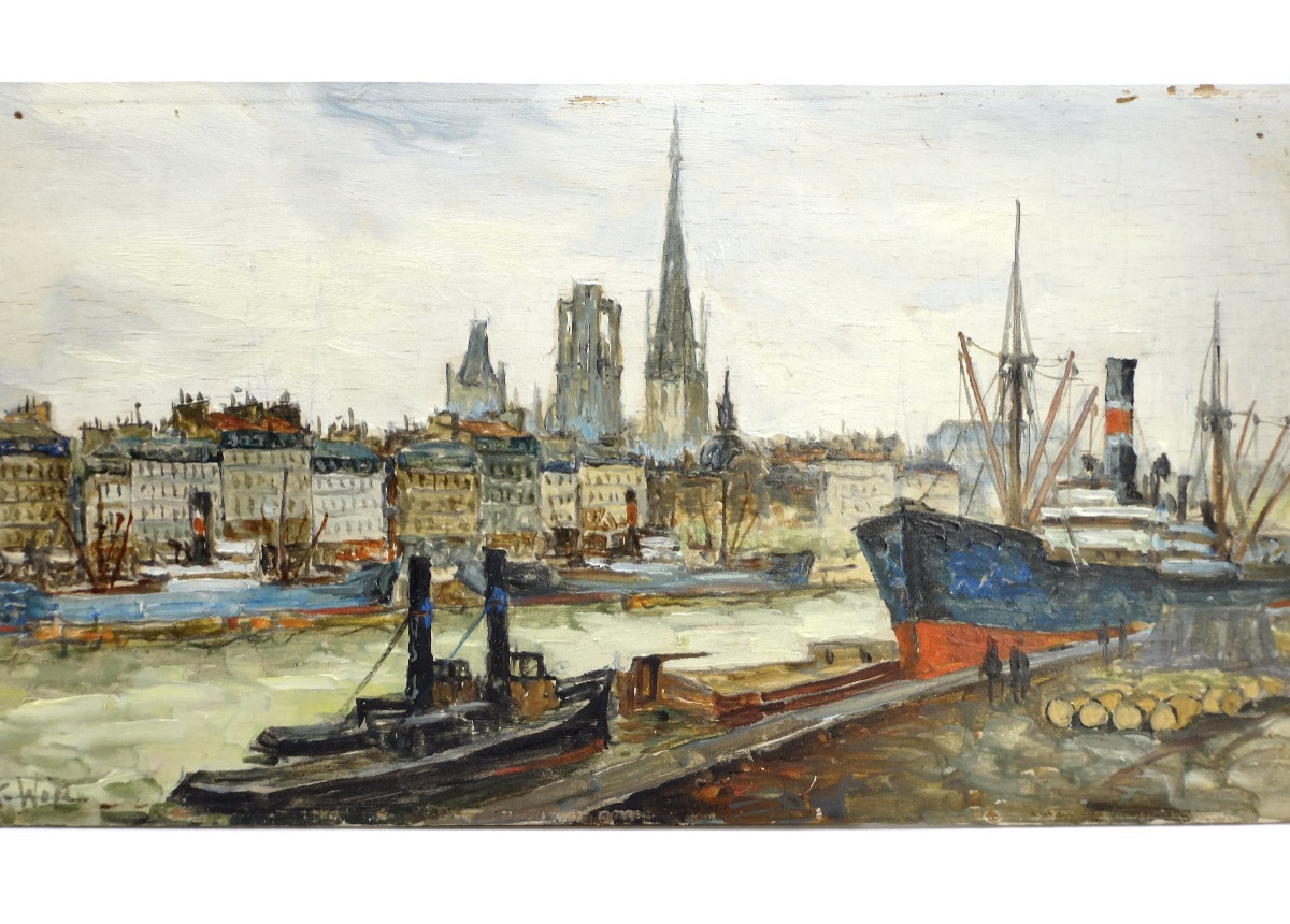 FRANK WILL (1900-1951) Huile sur bois " Le port de Rouen "-photo-2