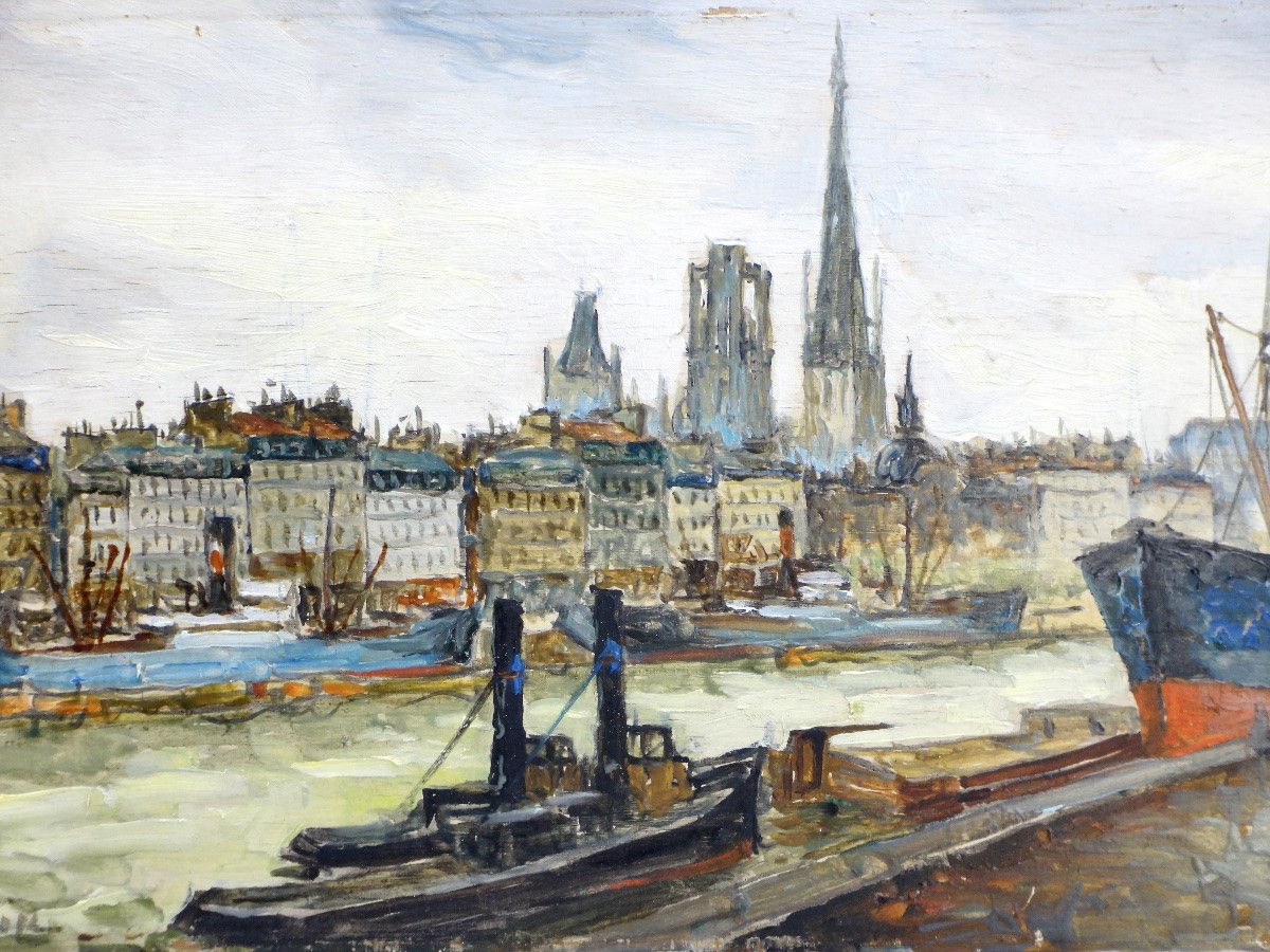 FRANK WILL (1900-1951) Huile sur bois " Le port de Rouen "-photo-3