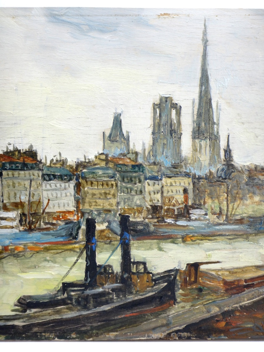 FRANK WILL (1900-1951) Huile sur bois " Le port de Rouen "-photo-1