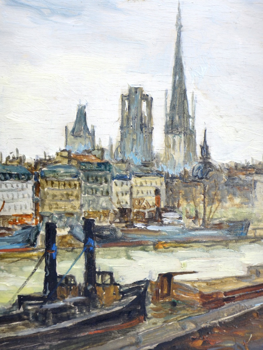 FRANK WILL (1900-1951) Huile sur bois " Le port de Rouen "-photo-2