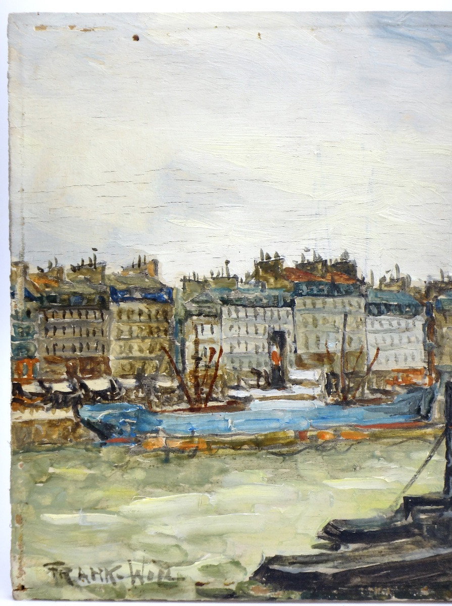 FRANK WILL (1900-1951) Huile sur bois " Le port de Rouen "-photo-3