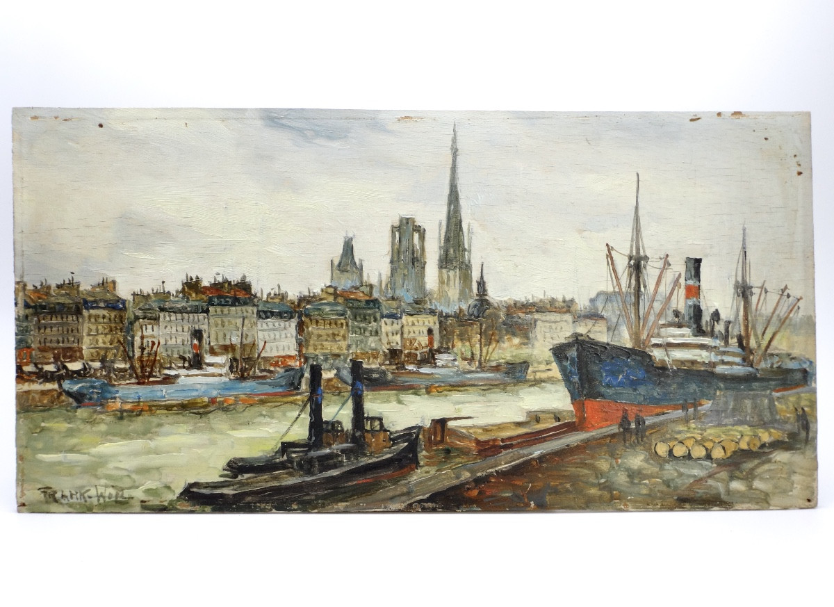 FRANK WILL (1900-1951) Huile sur bois " Le port de Rouen "