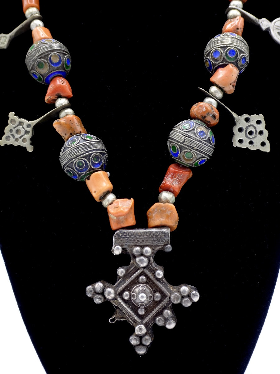 Kabyle Berber Beni Yenni Necklace - Silver "taza" Beads And "el Merjane" Red Coral-photo-2