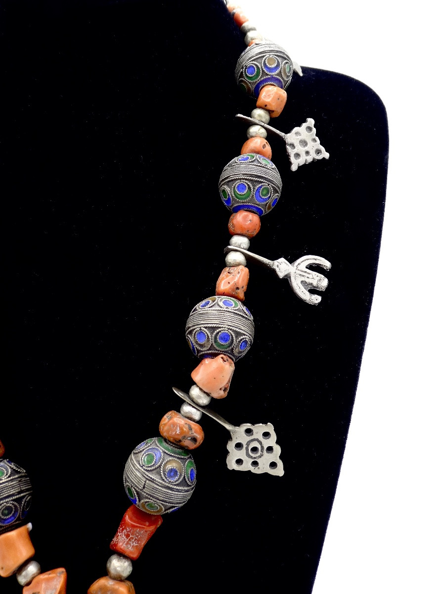 Kabyle Berber Beni Yenni Necklace - Silver "taza" Beads And "el Merjane" Red Coral-photo-2