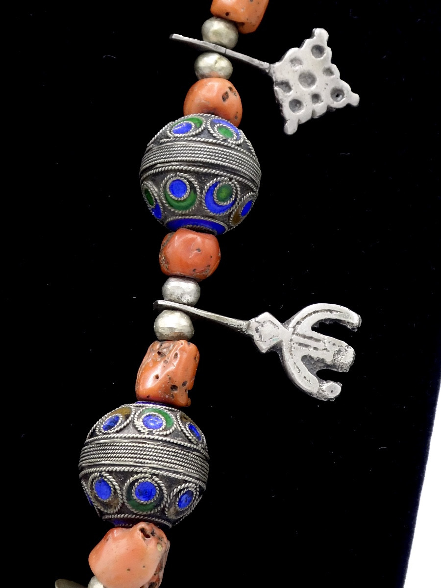 Kabyle Berber Beni Yenni Necklace - Silver "taza" Beads And "el Merjane" Red Coral-photo-3