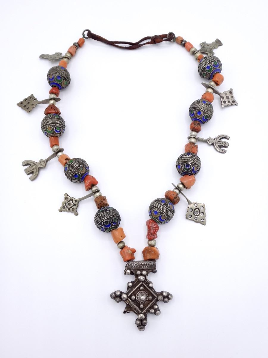 Kabyle Berber Beni Yenni Necklace - Silver "taza" Beads And "el Merjane" Red Coral-photo-4