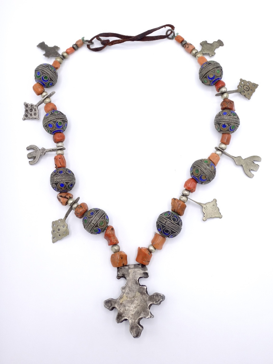 Kabyle Berber Beni Yenni Necklace - Silver "taza" Beads And "el Merjane" Red Coral-photo-6