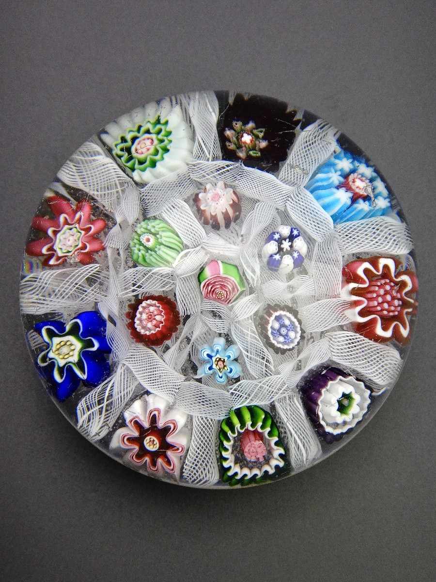 Clichy Sulfide Paperweight With Polychrome Twists And Candies 19th Century