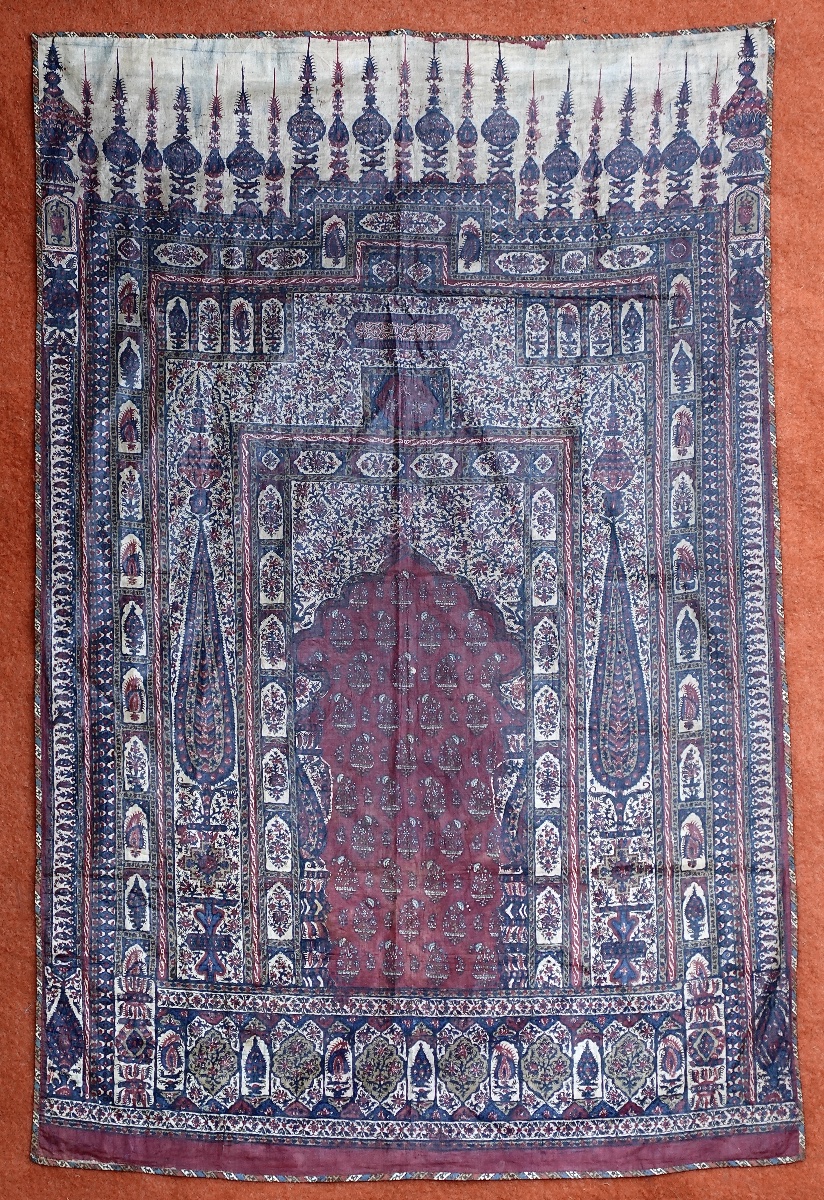 Indienne rare Tenture Qanat peinte à la main Kalamkari en Chintz glacé époque XVIIIe Siècle 