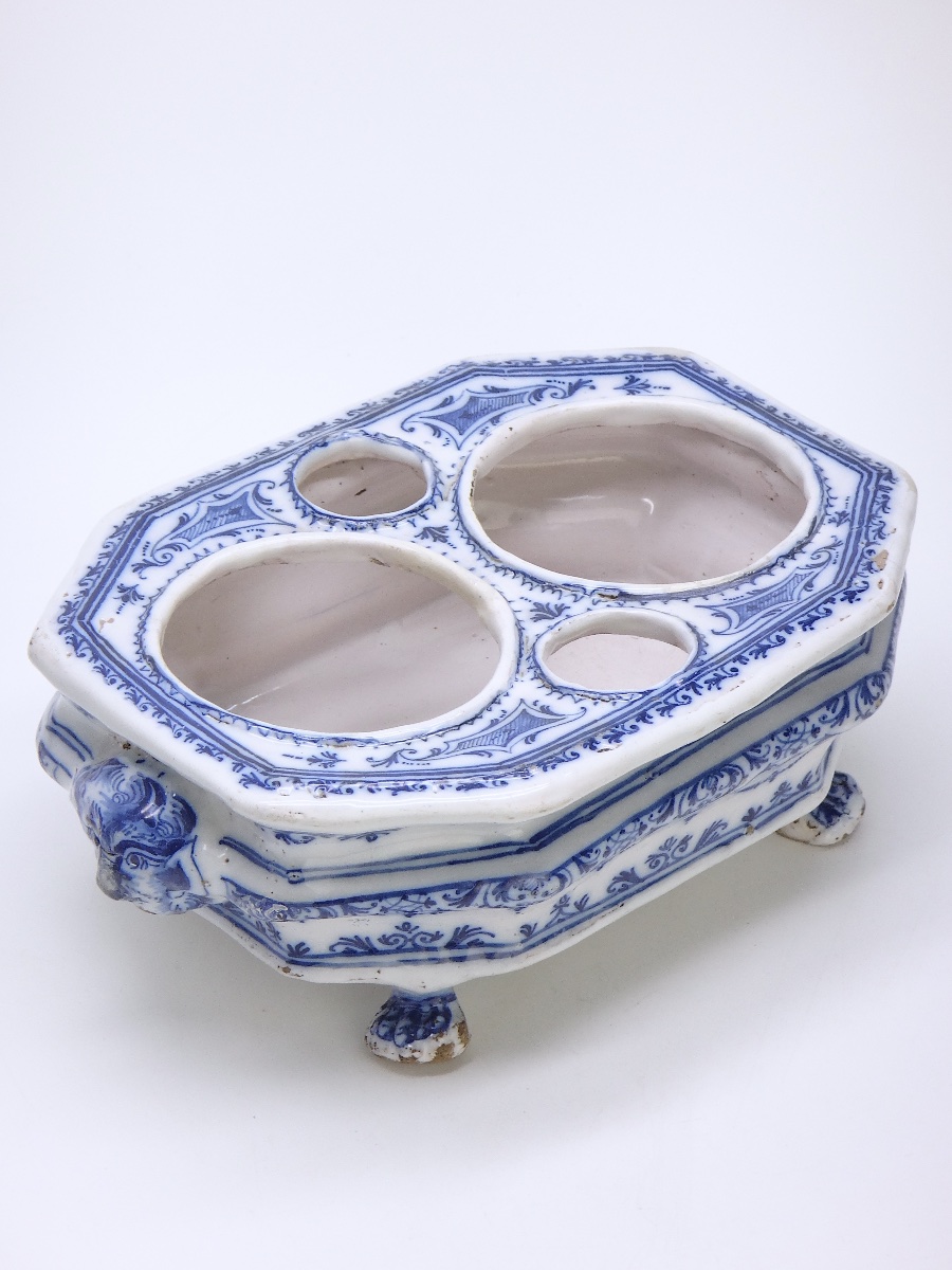 Moustiers Earthenware Oil Cruet By Olérys Laugier à La Bérain, In Shades Of Blue, 18th Century-photo-2