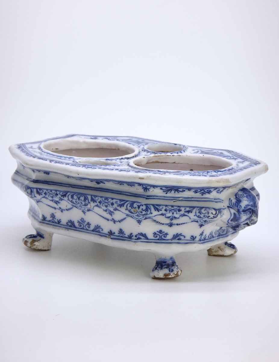 Moustiers Earthenware Oil Cruet By Olérys Laugier à La Bérain, In Shades Of Blue, 18th Century-photo-4