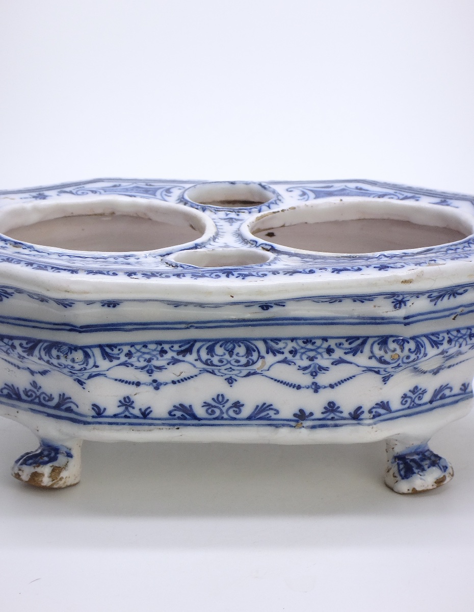 Moustiers Earthenware Oil Cruet By Olérys Laugier à La Bérain, In Shades Of Blue, 18th Century-photo-3