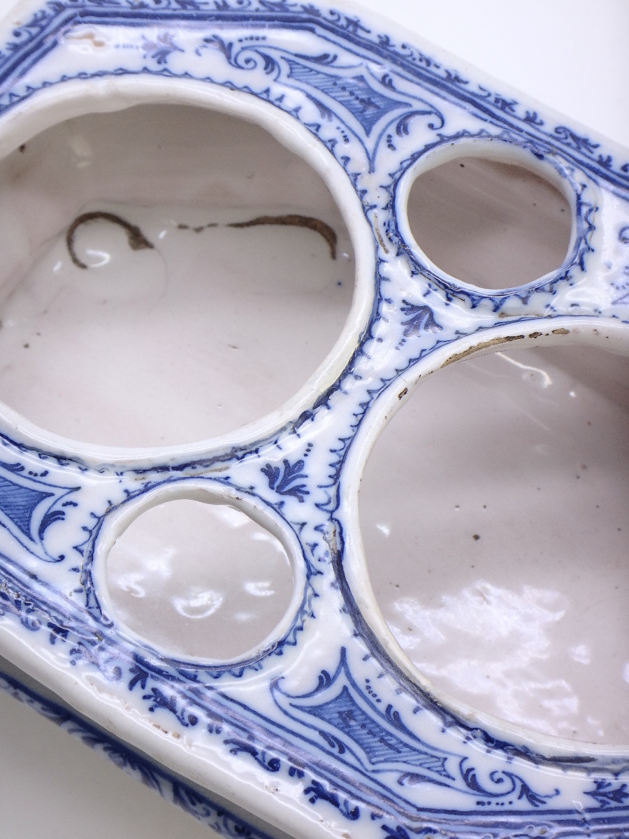 Moustiers Earthenware Oil Cruet By Olérys Laugier à La Bérain, In Shades Of Blue, 18th Century-photo-6