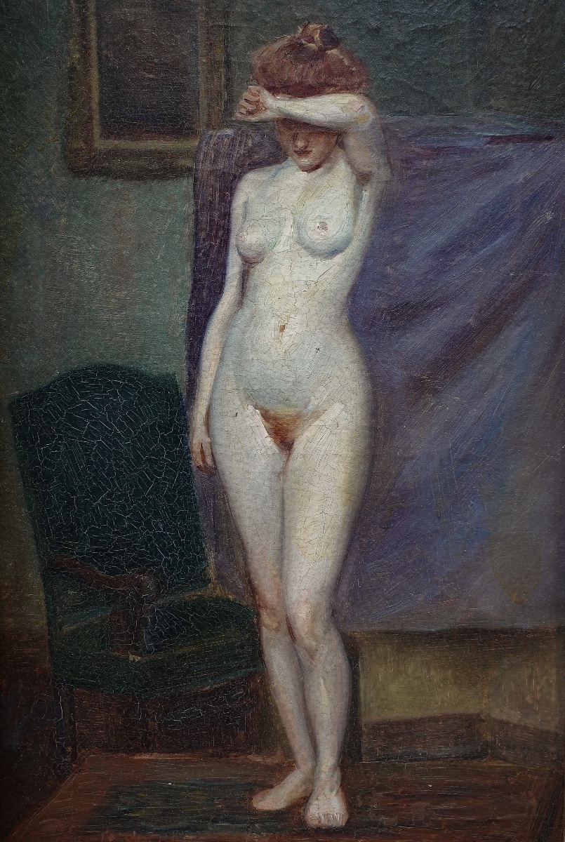Oil On Canvas, Female Nude, French School, Late 19th Century-photo-2
