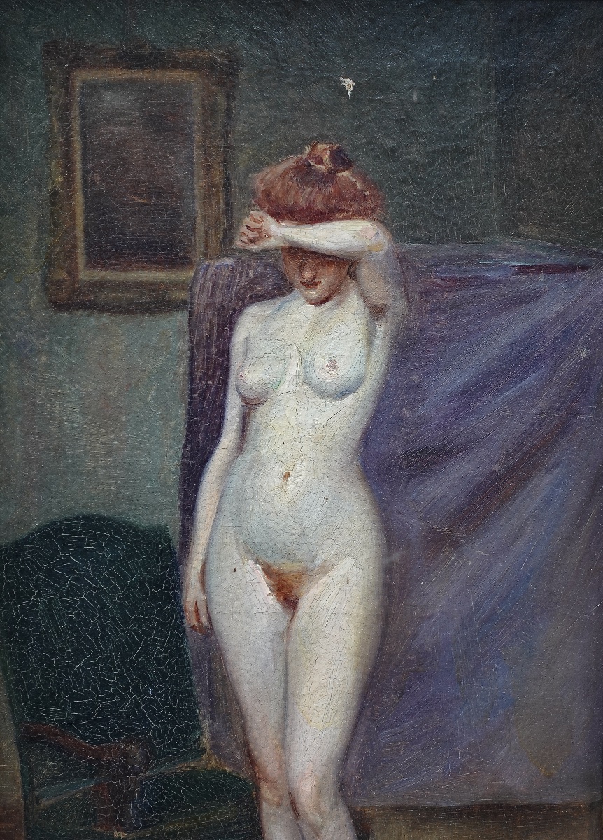 Oil On Canvas, Female Nude, French School, Late 19th Century-photo-3