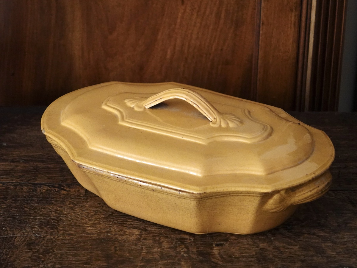Antique French Apt Faience Yellow Ochre Vegetable Tureen Directoire Style 19th Century