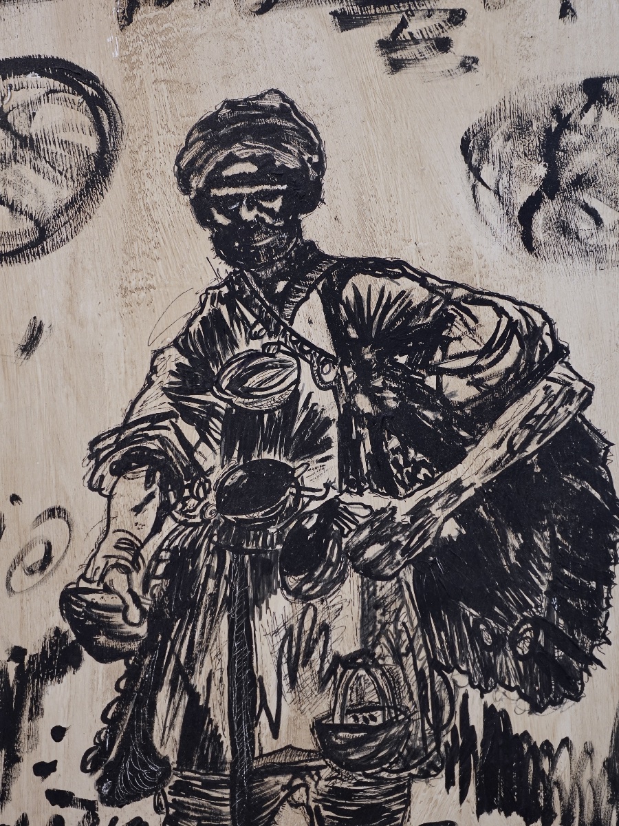 Léon LURET (1880–1969) Huile Orientaliste sur panneau de bois Monochrome " Le Porteur d'eau "-photo-1