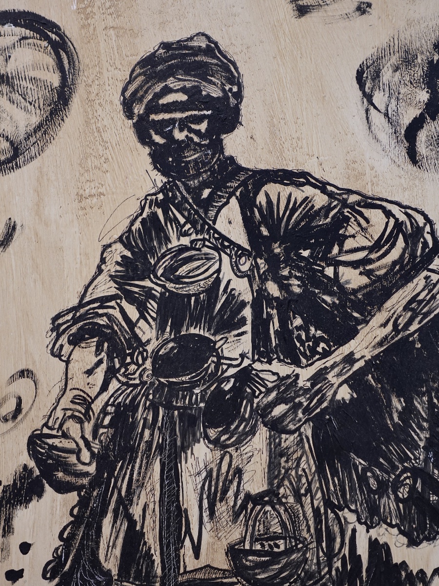 Léon LURET (1880–1969) Huile Orientaliste sur panneau de bois Monochrome " Le Porteur d'eau "-photo-2