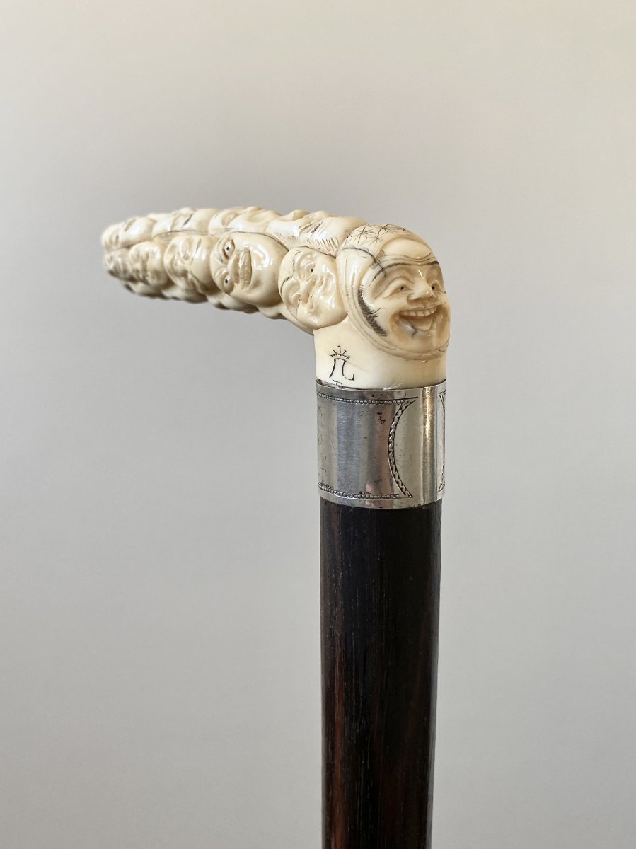 Cane With Knob In Carved Ivory Decorated With Masks Of The Noh Theater Japan 19th Century-photo-2