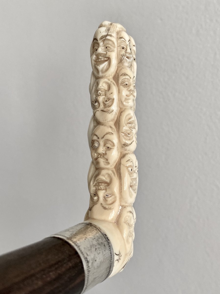 Cane With Knob In Carved Ivory Decorated With Masks Of The Noh Theater Japan 19th Century-photo-4