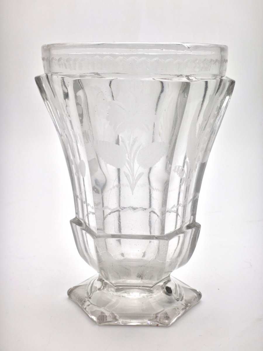 Very Large Goblet On Pedestal In Molded Crystal With Engraved Decoration 19th Empire Period -photo-2