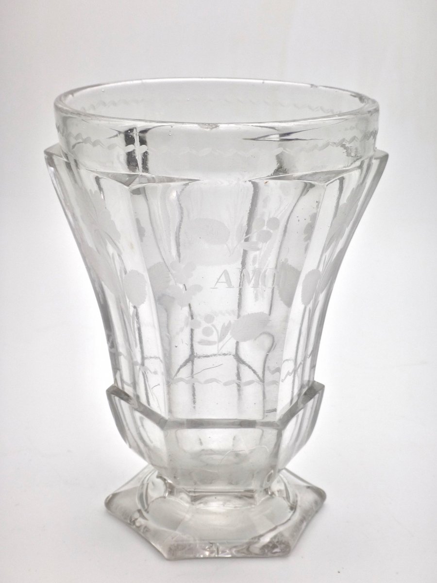 Very Large Goblet On Pedestal In Molded Crystal With Engraved Decoration 19th Empire Period 