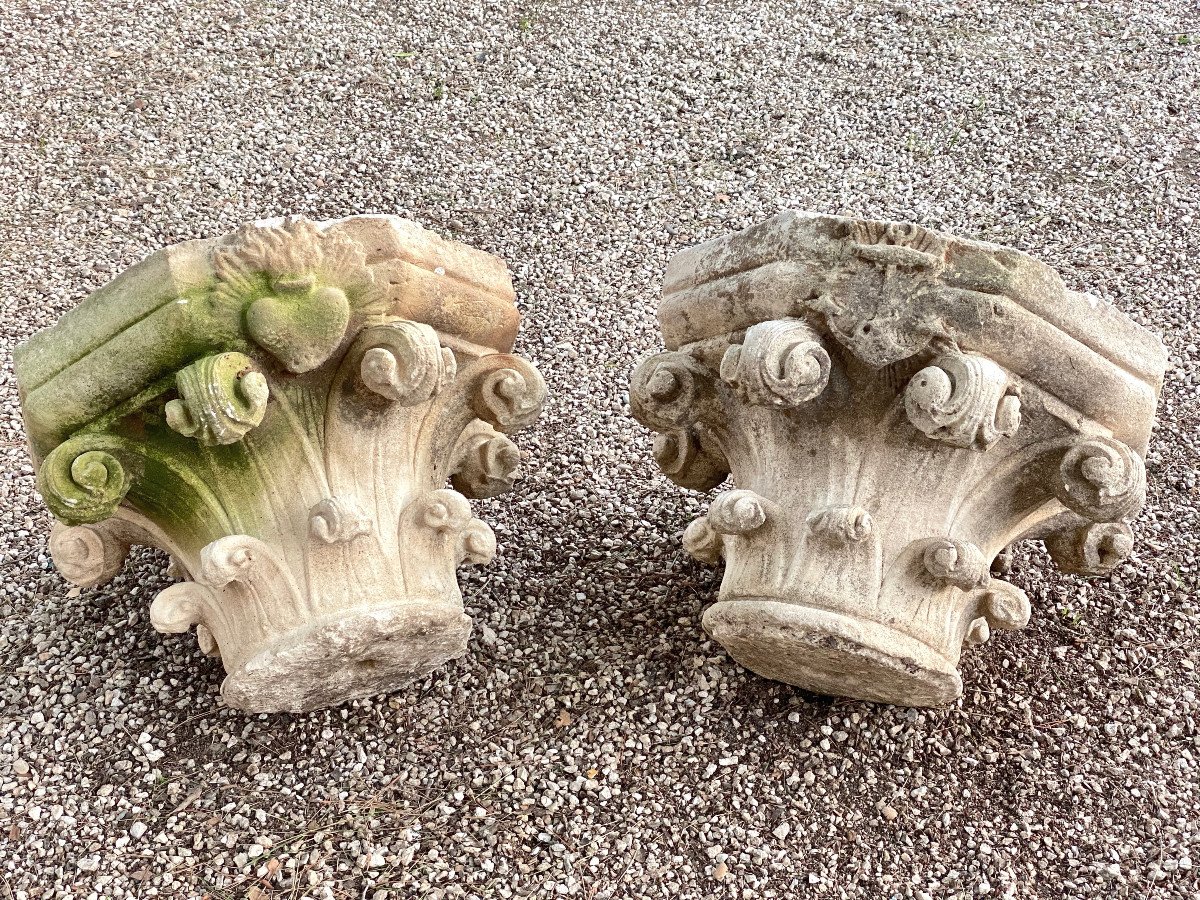 Pair Of Stone Capitals Transition From Romanesque To Gothic Style High Period 18th Century-photo-2