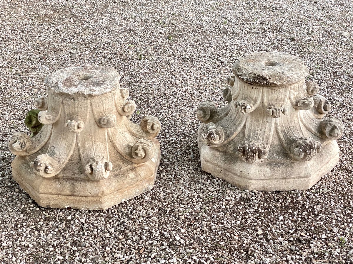 Pair Of Stone Capitals Transition From Romanesque To Gothic Style High Period 18th Century-photo-4