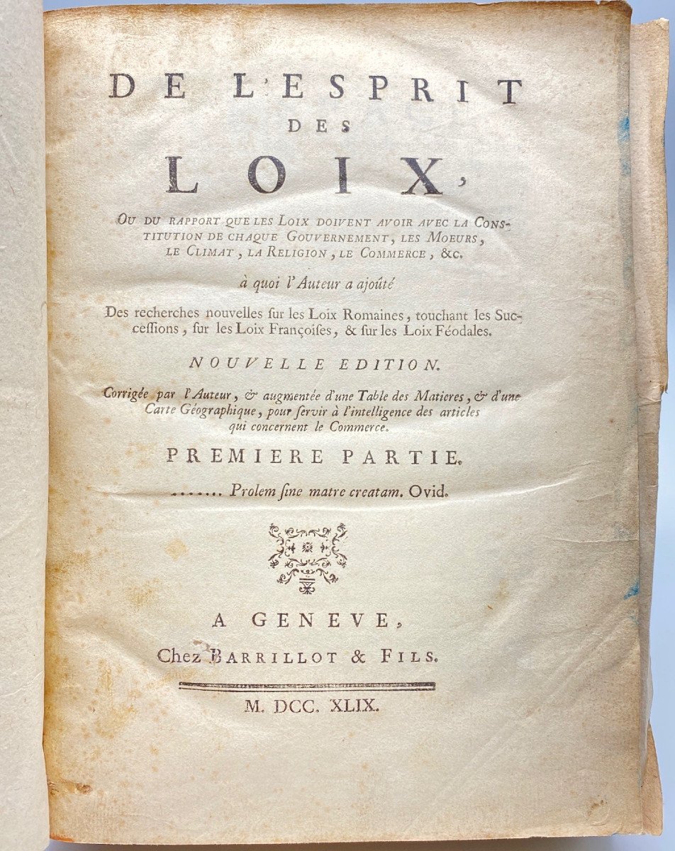 De l'Esprit Des Loix By Montesquieu Barillot & Sons In Geneva 2 Volumes In 1 Vol. In-4° 1749-photo-3