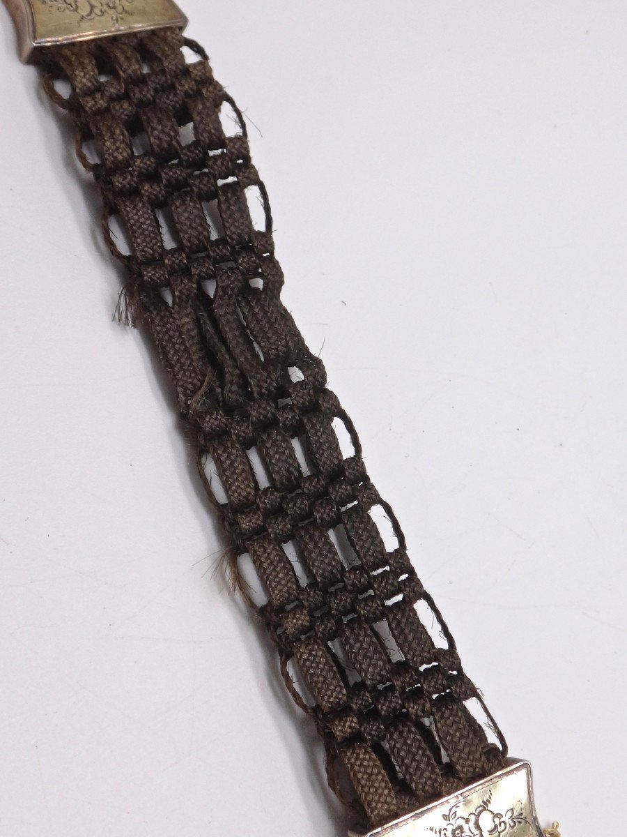 Bracelet en cheveux orné d'une miniature monture en vermeil mourning époque fin XVIIIe-photo-8
